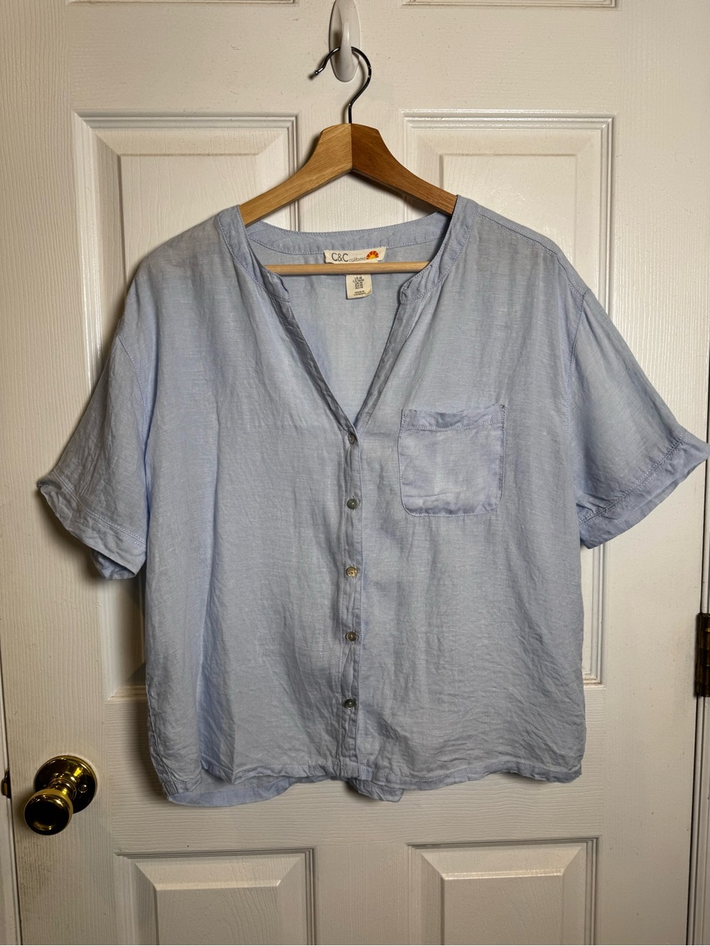 C&C California 100% Linen Button Front Blouse Top Blue Medium Relaxed